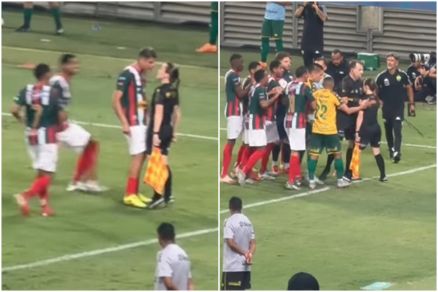 Os jogadores do Oper�rio-VG partiram para cima da bandeirinha Fernanda Kruger na partida desta quarta contra o Dourado