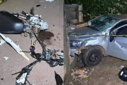 A motocicleta e o carro ficaram destru�dos ap�s a colis�o 