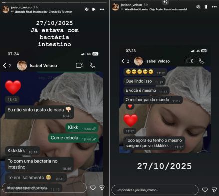 Pai de Isabel Veloso, Joelson Veloso usou o Instagram Stories para mostrar uma troca de mensagem com a influenciadora