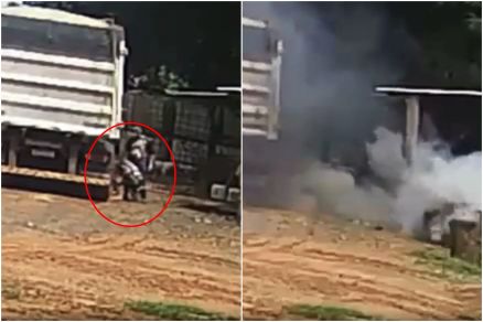 Alcir Joelson Wandscheer trabalha no pneu da carreta instantes antes da explos�o