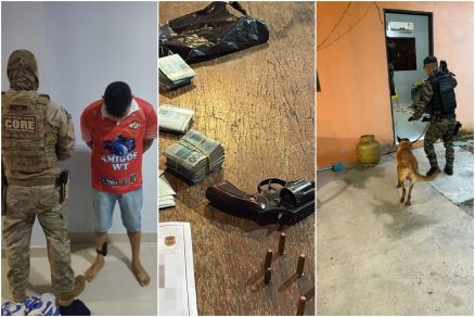 Foram apreendidos dinheiro em esp�cie, rev�lver, muni��es, celulares irregulares, drogas sint�ticas e ve�culos
