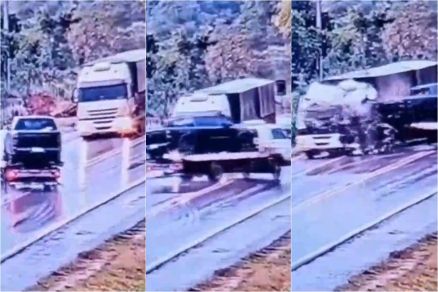 Momento em que guincho atinge cabine de caminh�o na BR-364, em V�rzea Grande