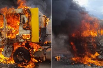 V�deo flagra caminh�o carregado de soja em chamas na MT-242