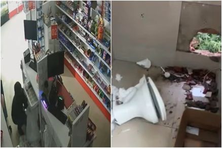 Buraco na parede da farm�cia foi aberto pelos criminosos para acesso ao interior do estabelecimento