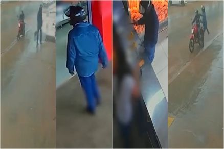 Momento em que dupla chega para assaltar a�ougue em Cuiab� 