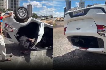 Mulher fica ferida ap�s carro capotar em viaduto da Capital; veja