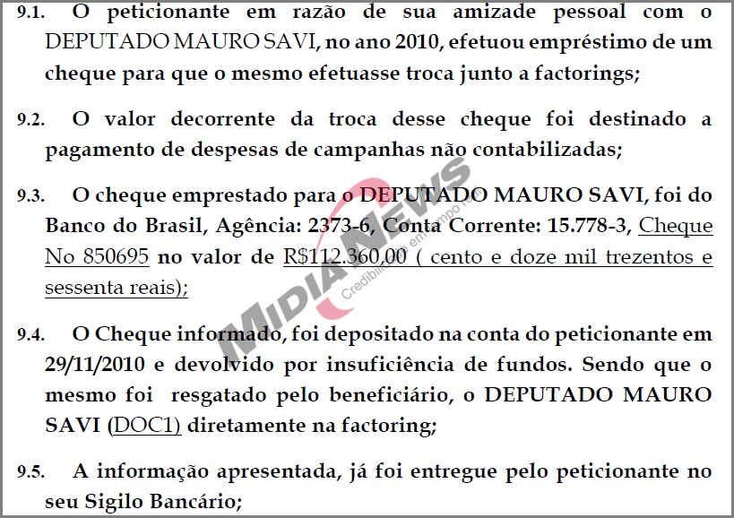 DOIA DIZ QUE EMPRESTOU CHEQUE A MAURO SAVI
